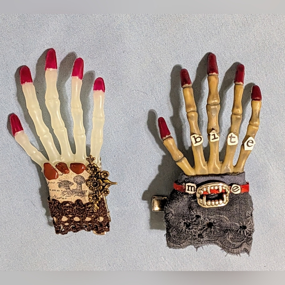 Pair of Handmade Gothic Skeleton Hand Hair Clip Barrettes and Pins, Glow in Dark